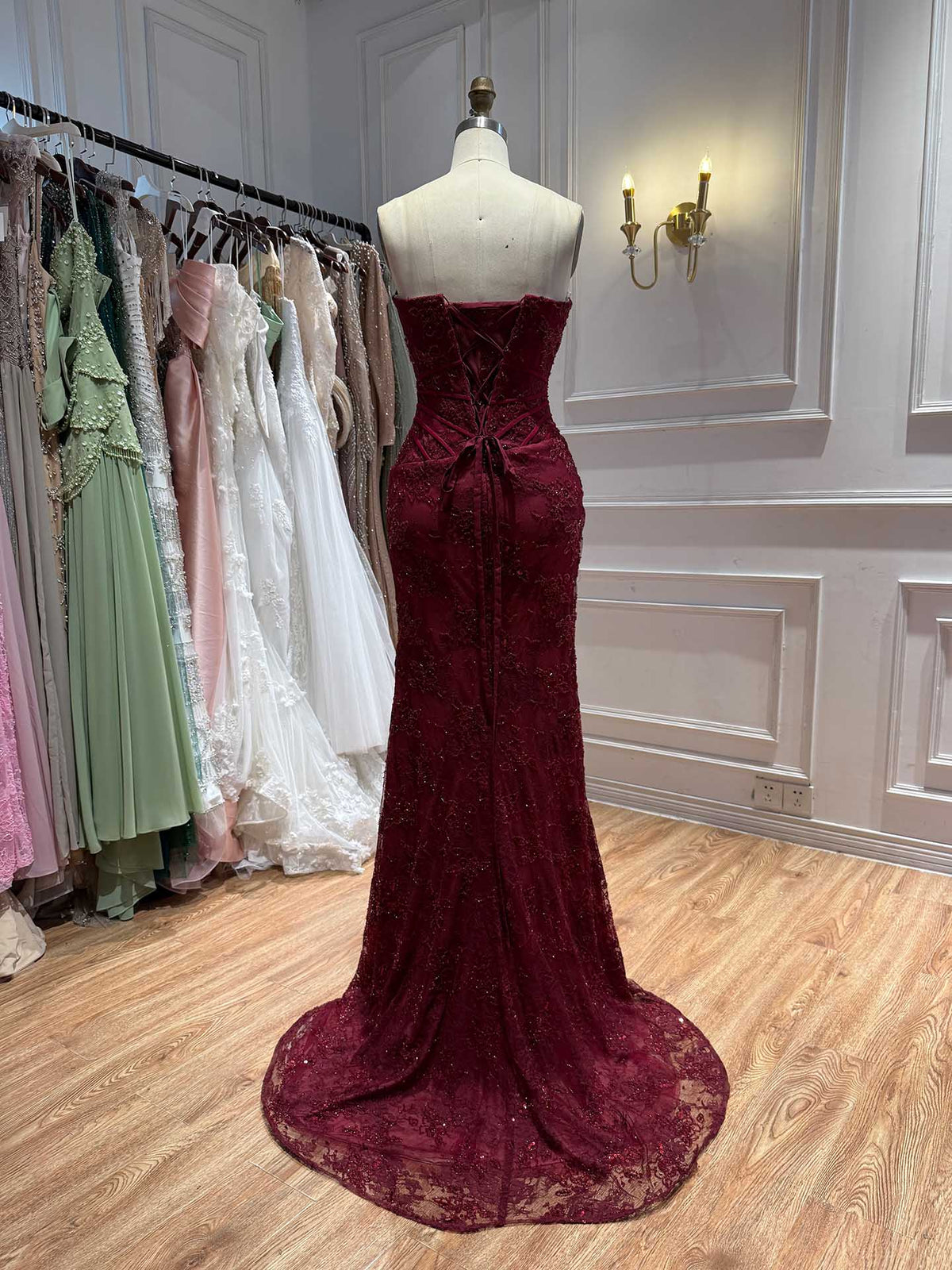 Arabic Simple Style Elegant Lace Mermaid Strapless With Silt Evening Dress CLA73373A