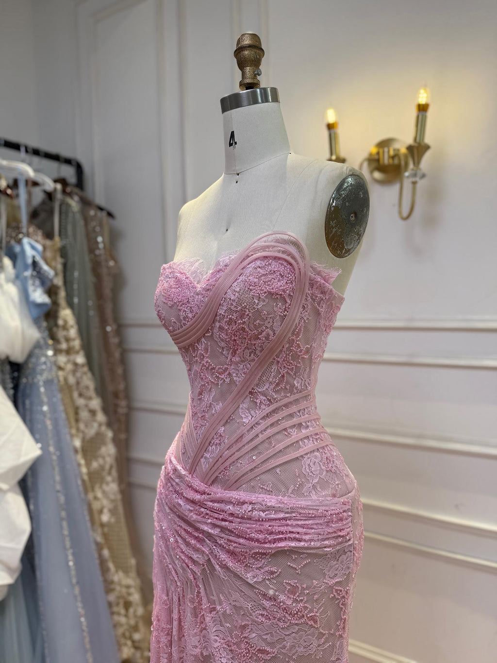 Arabic Simple Style Elegant Lace Mermaid Strapless With Silt Evening Dress CLA73373A