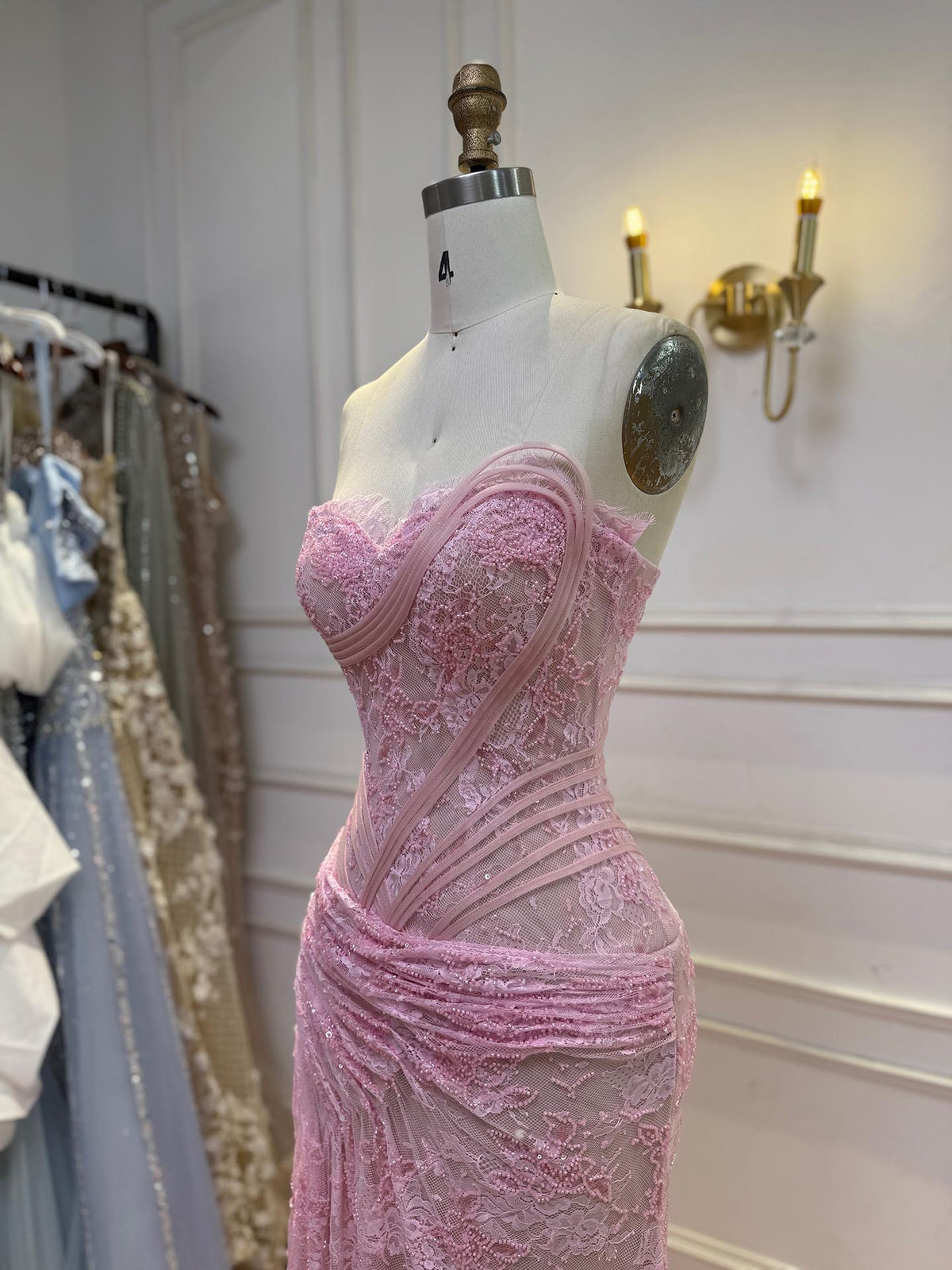 Arabic Simple Style Elegant Lace Mermaid Strapless With Silt Evening Dress CLA73373A