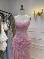 Arabic Simple Style Elegant Lace Mermaid Strapless With Silt Evening Dress CLA73373A