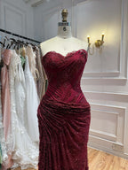 Arabic Simple Style Elegant Lace Mermaid Strapless With Silt Evening Dress CLA73373A