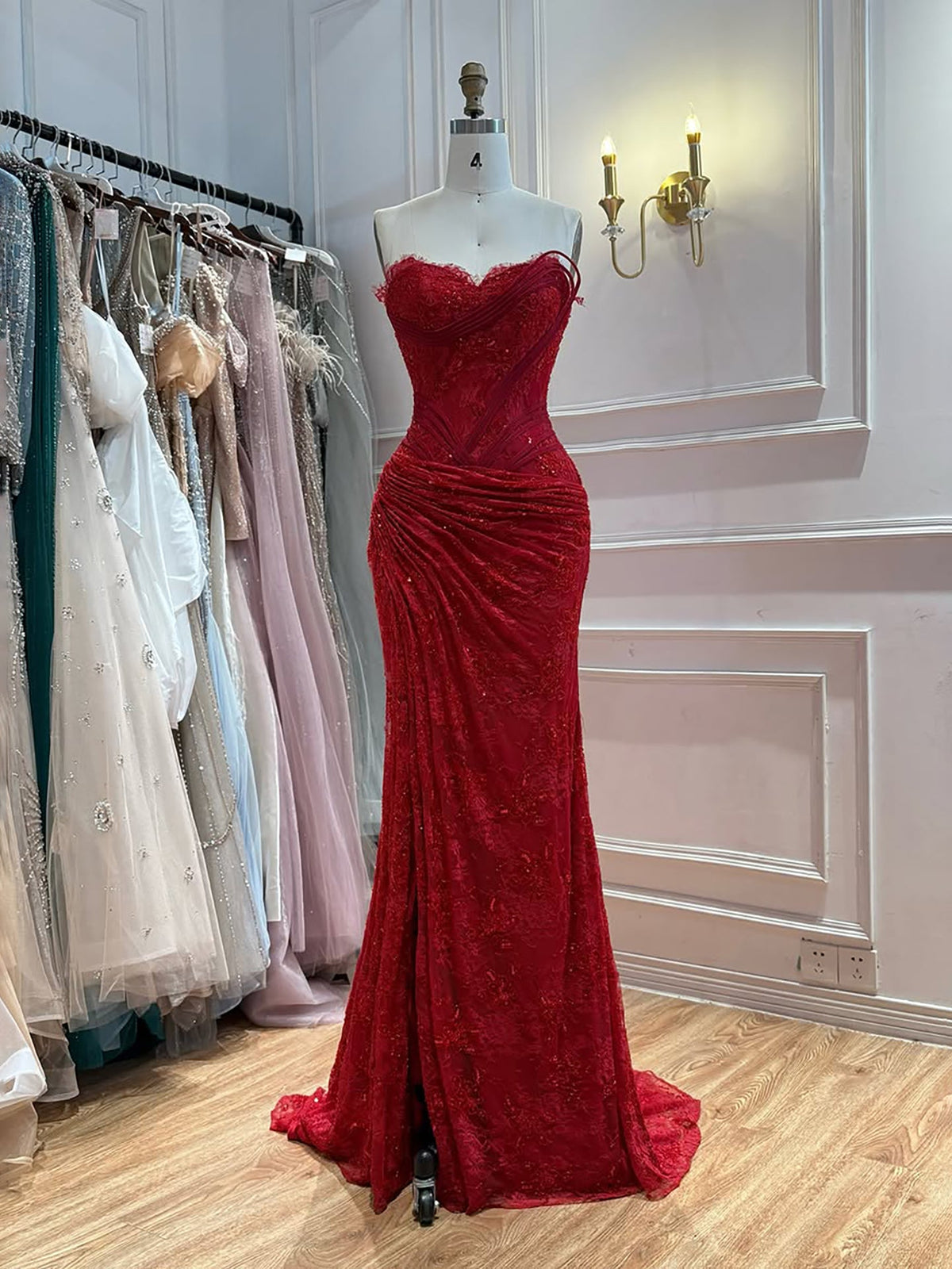 Arabic Simple Style Elegant Lace Mermaid Strapless With Silt Evening Dress CLA73373A