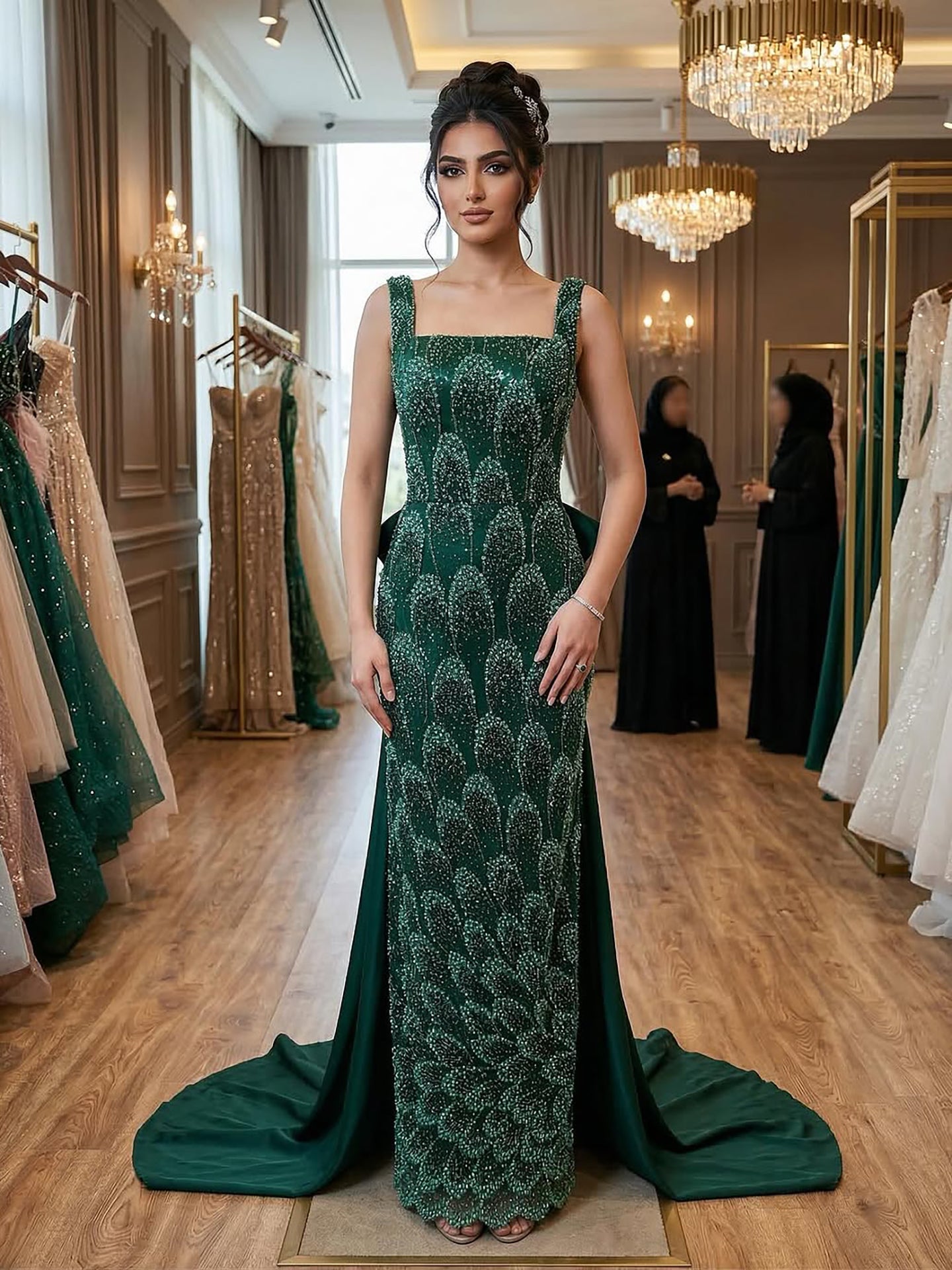 Luxury Evening Dress Emerald Green Bow Sheath Straight With Train CLA73380