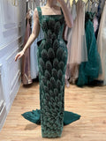 Luxury Evening Dress Emerald Green Bow Sheath Straight With Train CLA73380