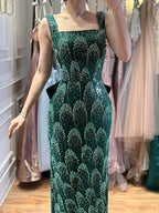 Luxury Evening Dress Emerald Green Bow Sheath Straight With Train CLA73380