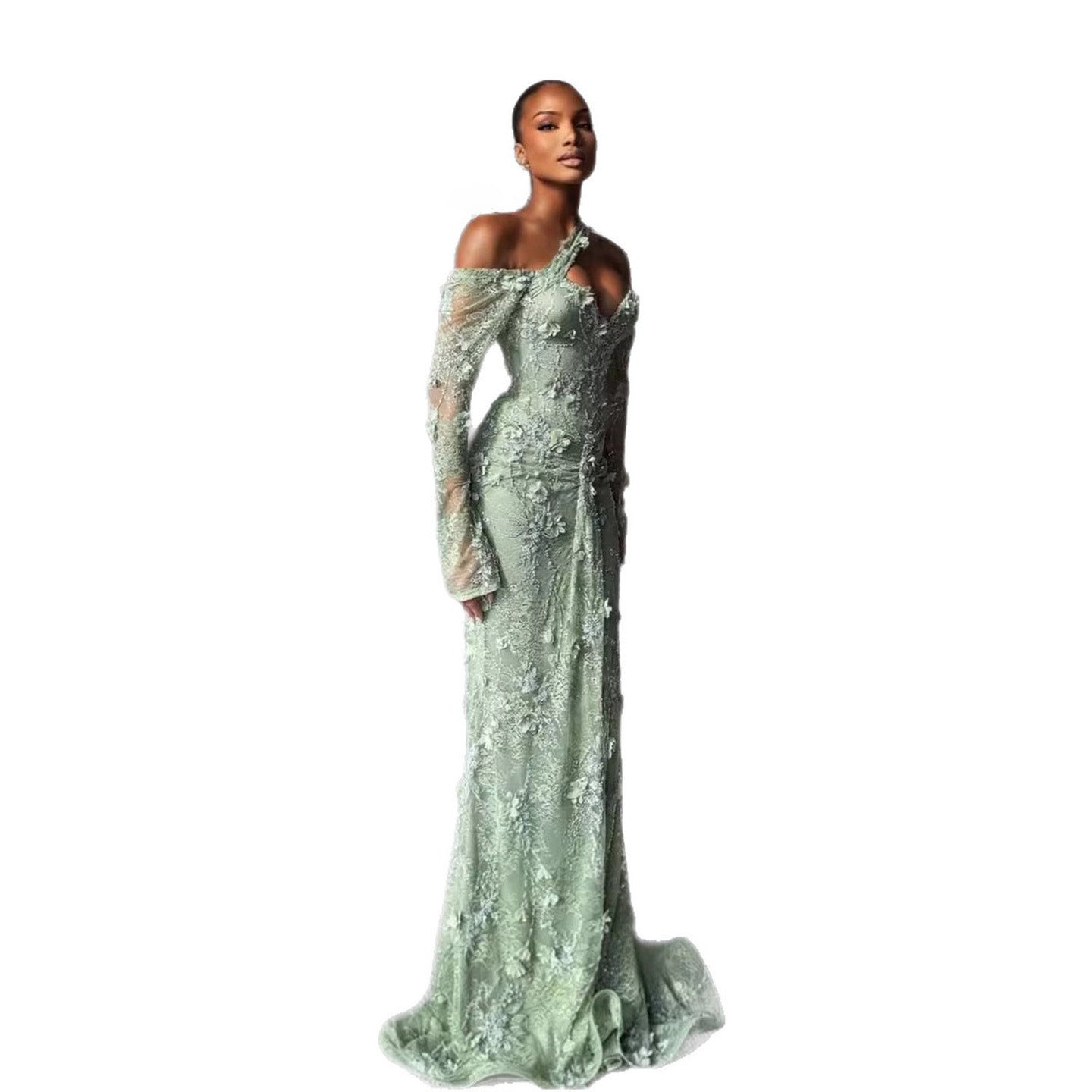 Luxury Sage Green Beaded 3D Floral Lace Evening Dress LA73384