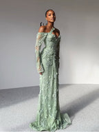 Luxury Sage Green Beaded 3D Floral Lace Evening Dress LA73384