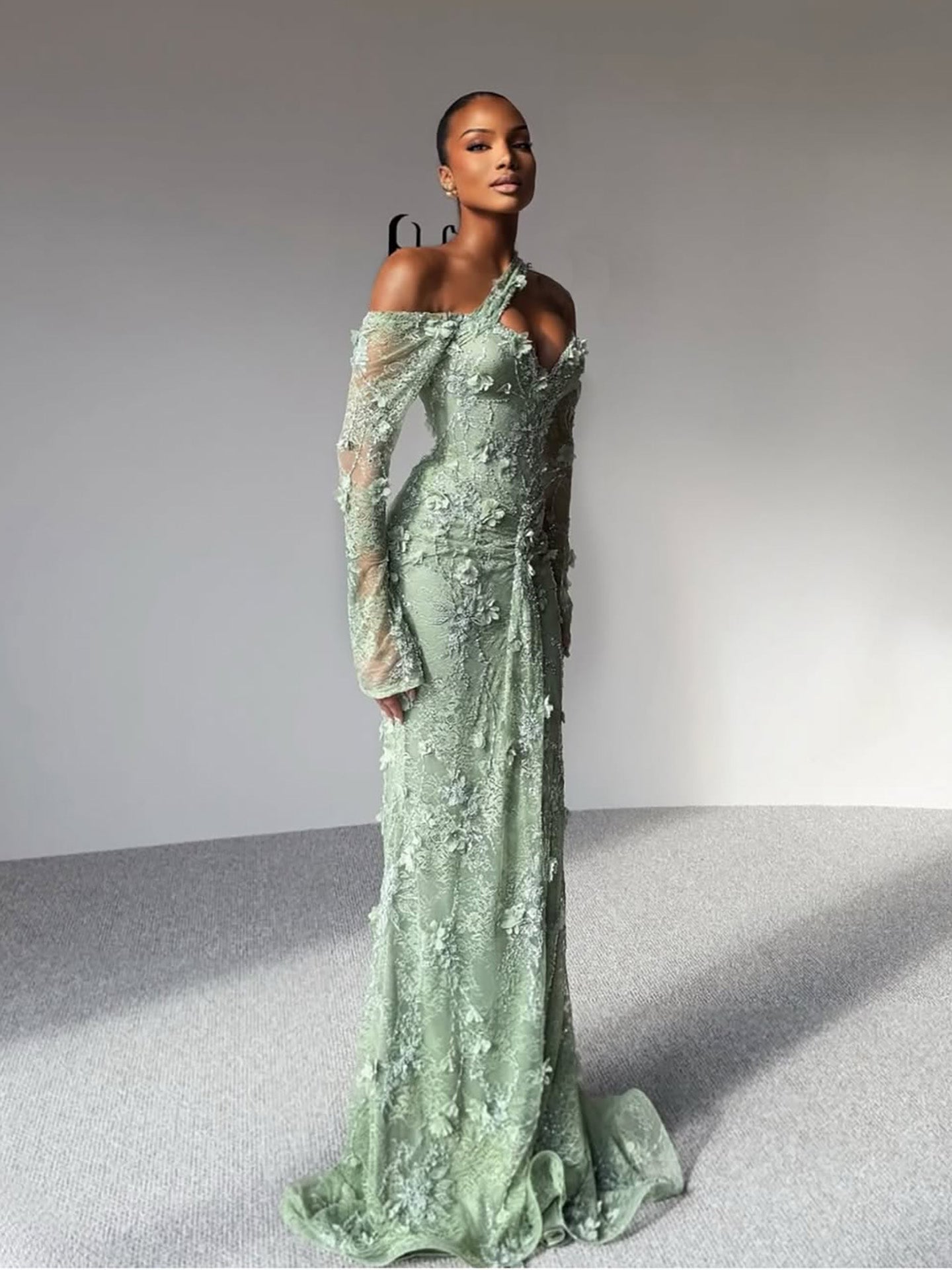 Luxury Sage Green Beaded 3D Floral Lace Evening Dress LA73384