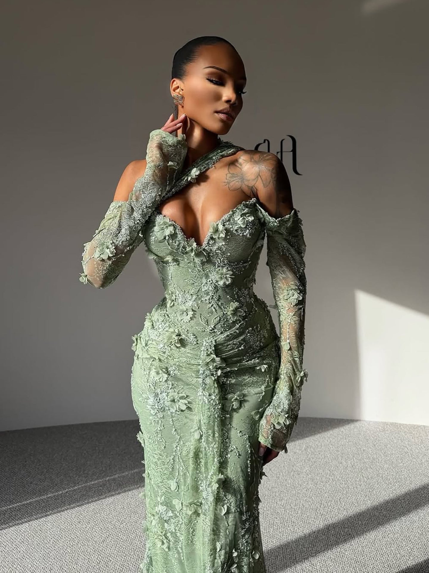 Luxury Sage Green Beaded 3D Floral Lace Evening Dress LA73384