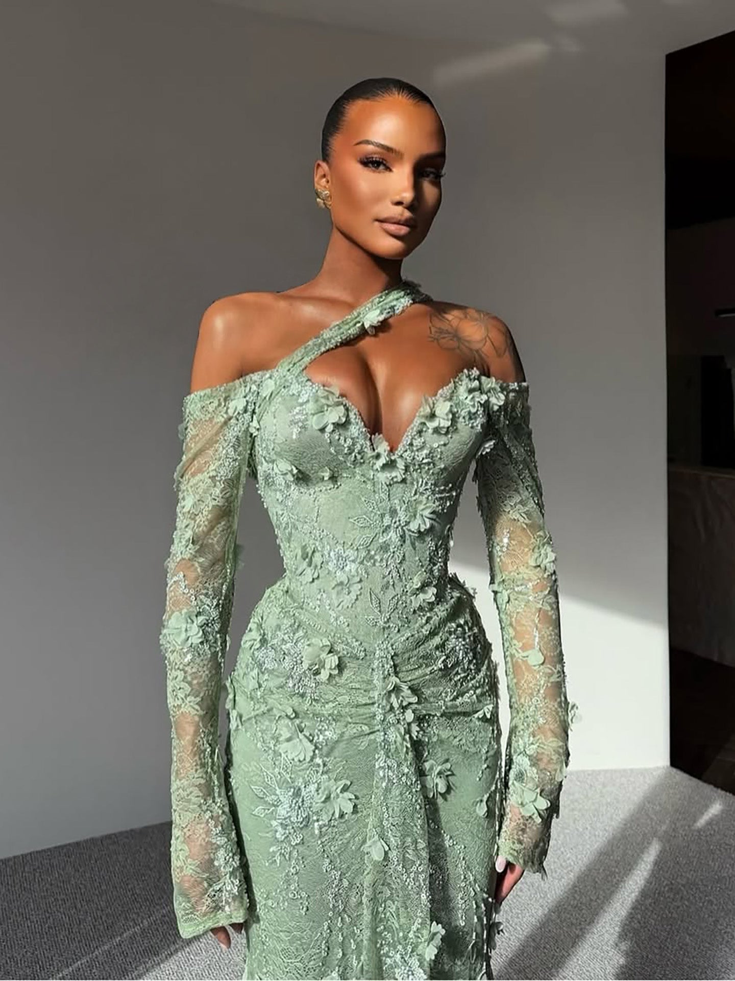 Luxury Sage Green Beaded 3D Floral Lace Evening Dress LA73384