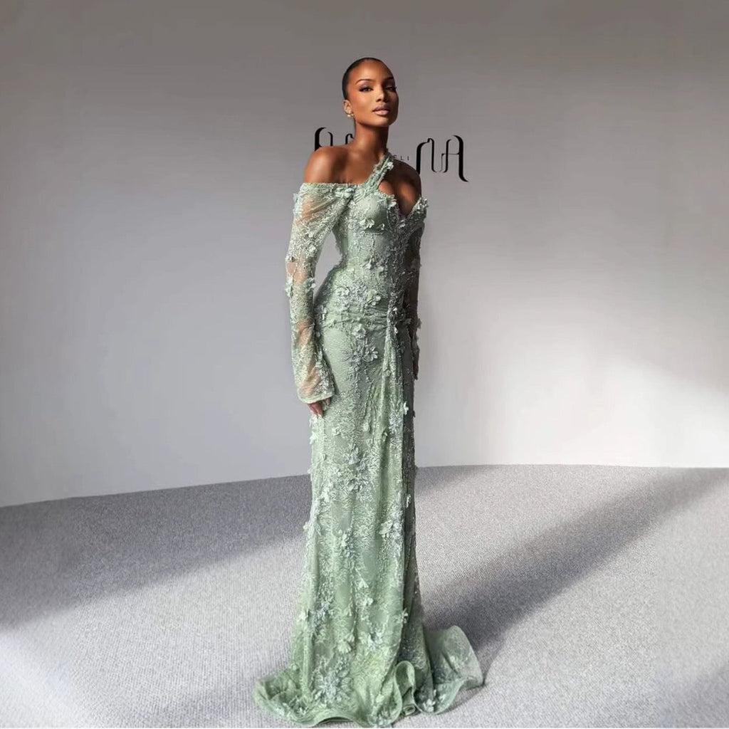 Luxury Sage Green Beaded 3D Floral Lace Evening Dress LA73384