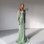 Luxury Sage Green Beaded 3D Floral Lace Evening Dress LA73384