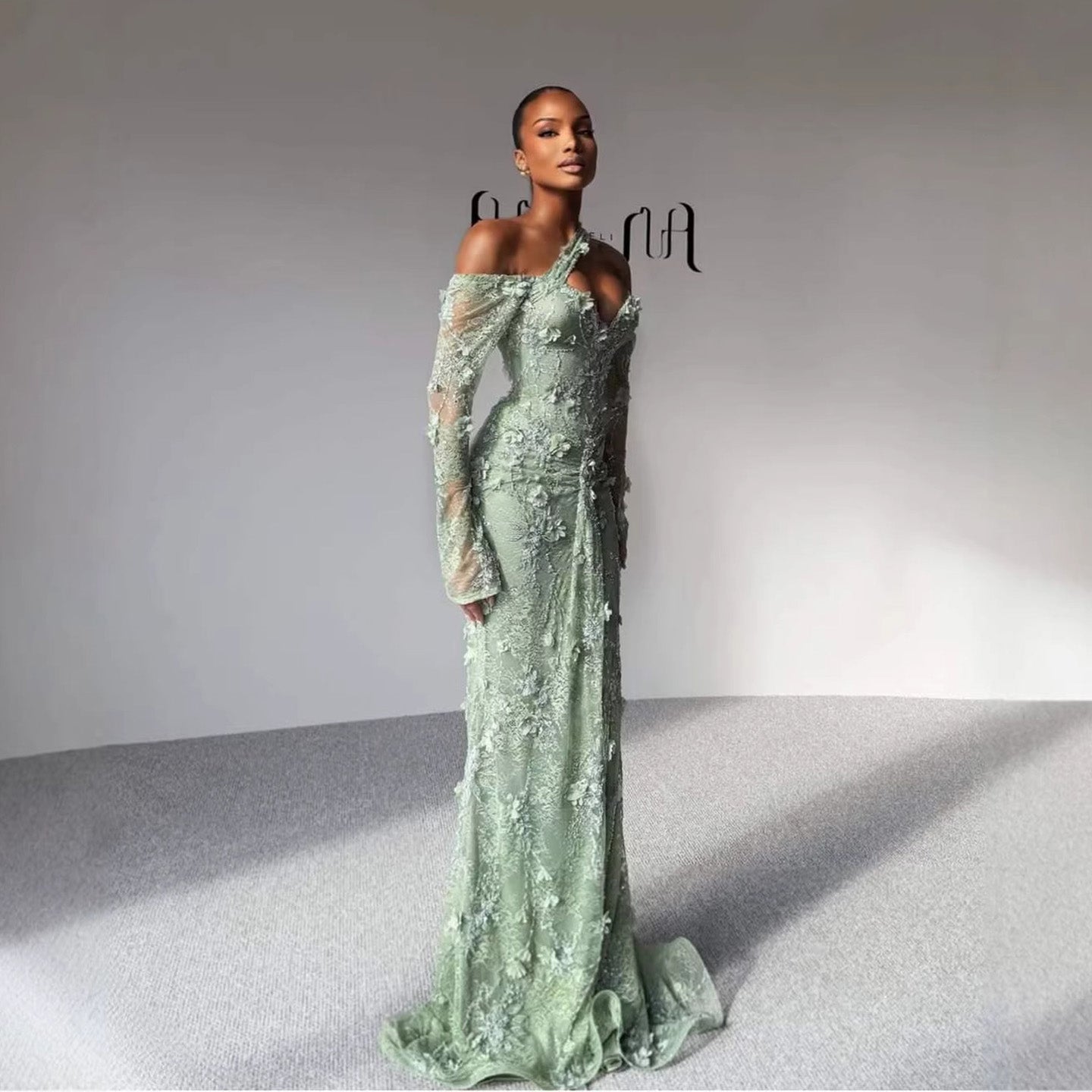 Luxury Sage Green Beaded 3D Floral Lace Evening Dress LA73384