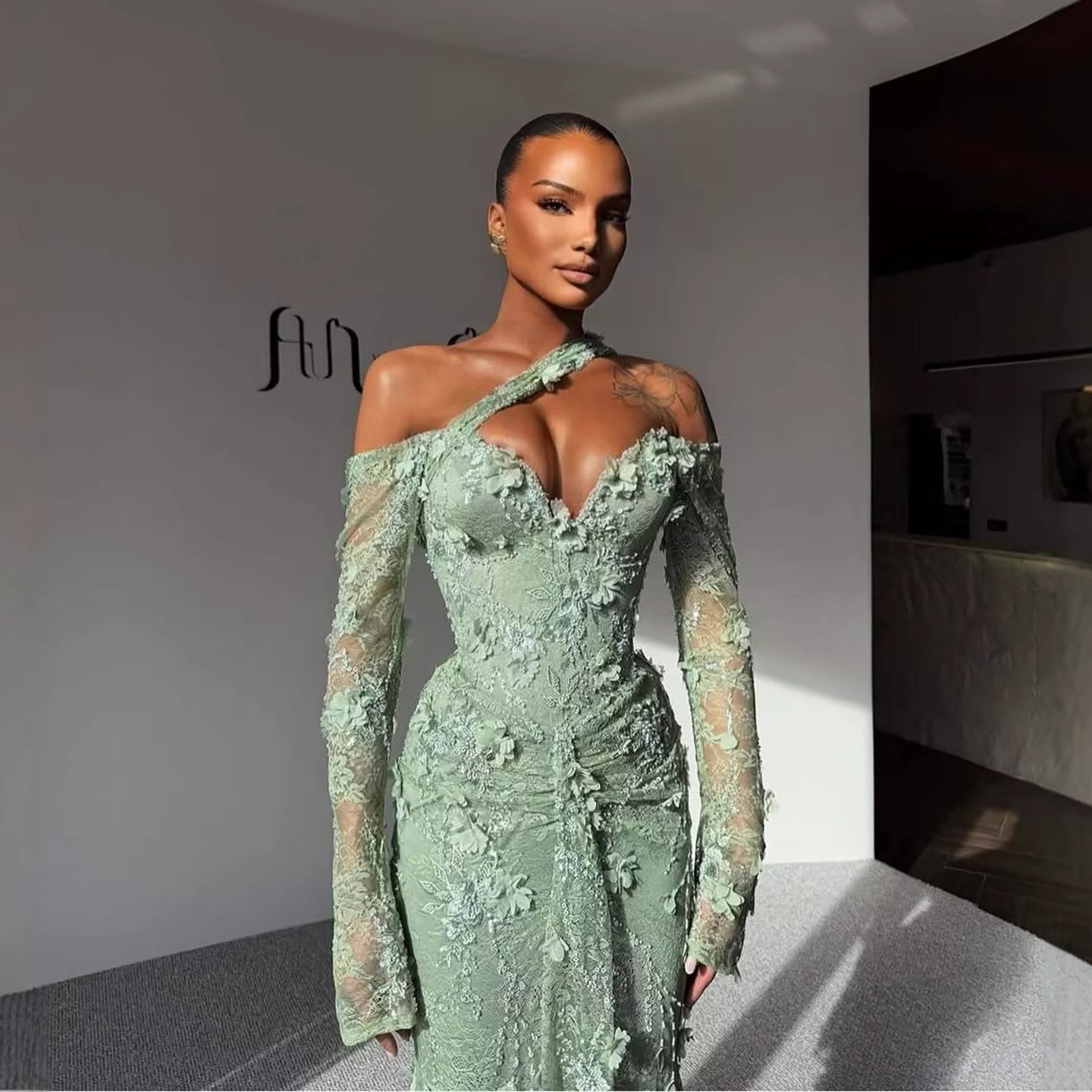 Luxury Sage Green Beaded 3D Floral Lace Evening Dress LA73384