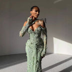 Luxury Sage Green Beaded 3D Floral Lace Evening Dress LA73384