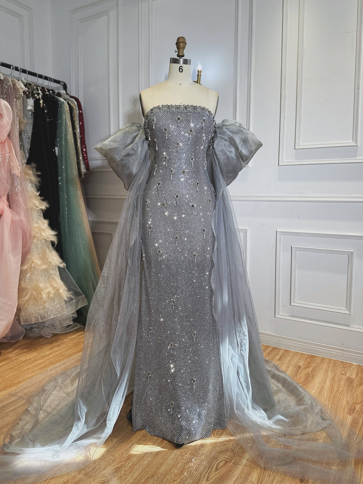 Luxury Crystals Mermaid Evening Dress Detachable Cape For Women Red Carpet Fashion CLA73387