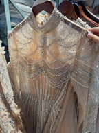 Luxury Nude High Neck Beaded Mermaid Evening Dress with Overskirt CLA73391A
