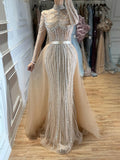 Luxury Nude High Neck Beaded Mermaid Evening Dress with Overskirt CLA73391A