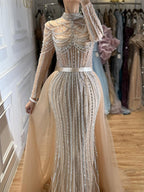 Luxury Nude High Neck Beaded Mermaid Evening Dress with Overskirt CLA73391A