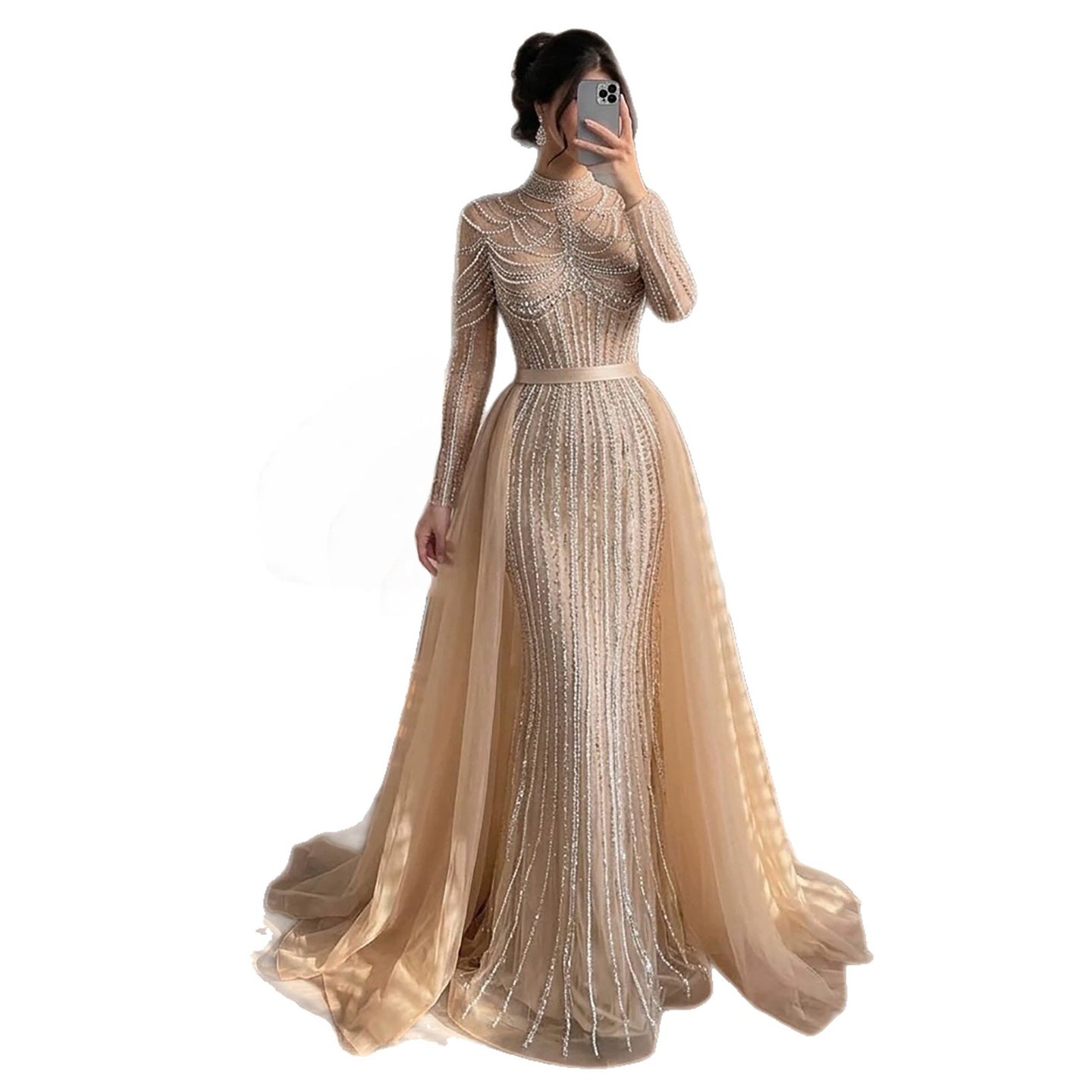 Luxury Nude High Neck Beaded Mermaid Evening Dress with Overskirt CLA73391A