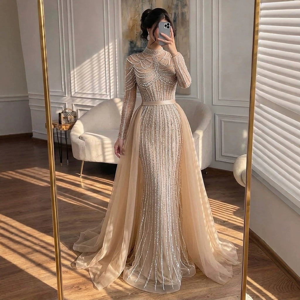Luxury Nude High Neck Beaded Mermaid Evening Dress with Overskirt CLA73391A