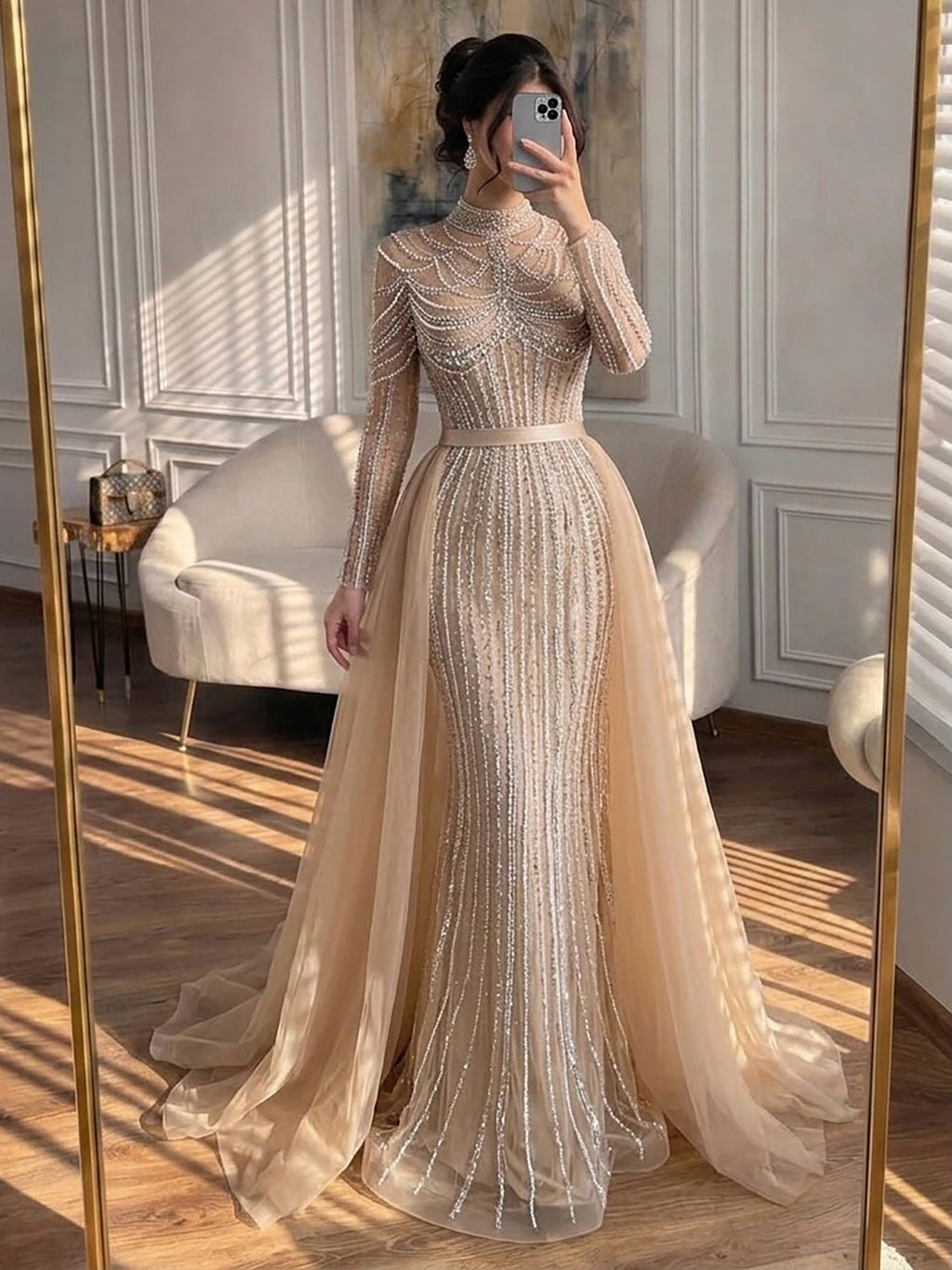 Luxury Nude High Neck Beaded Mermaid Evening Dress with Overskirt CLA73391A