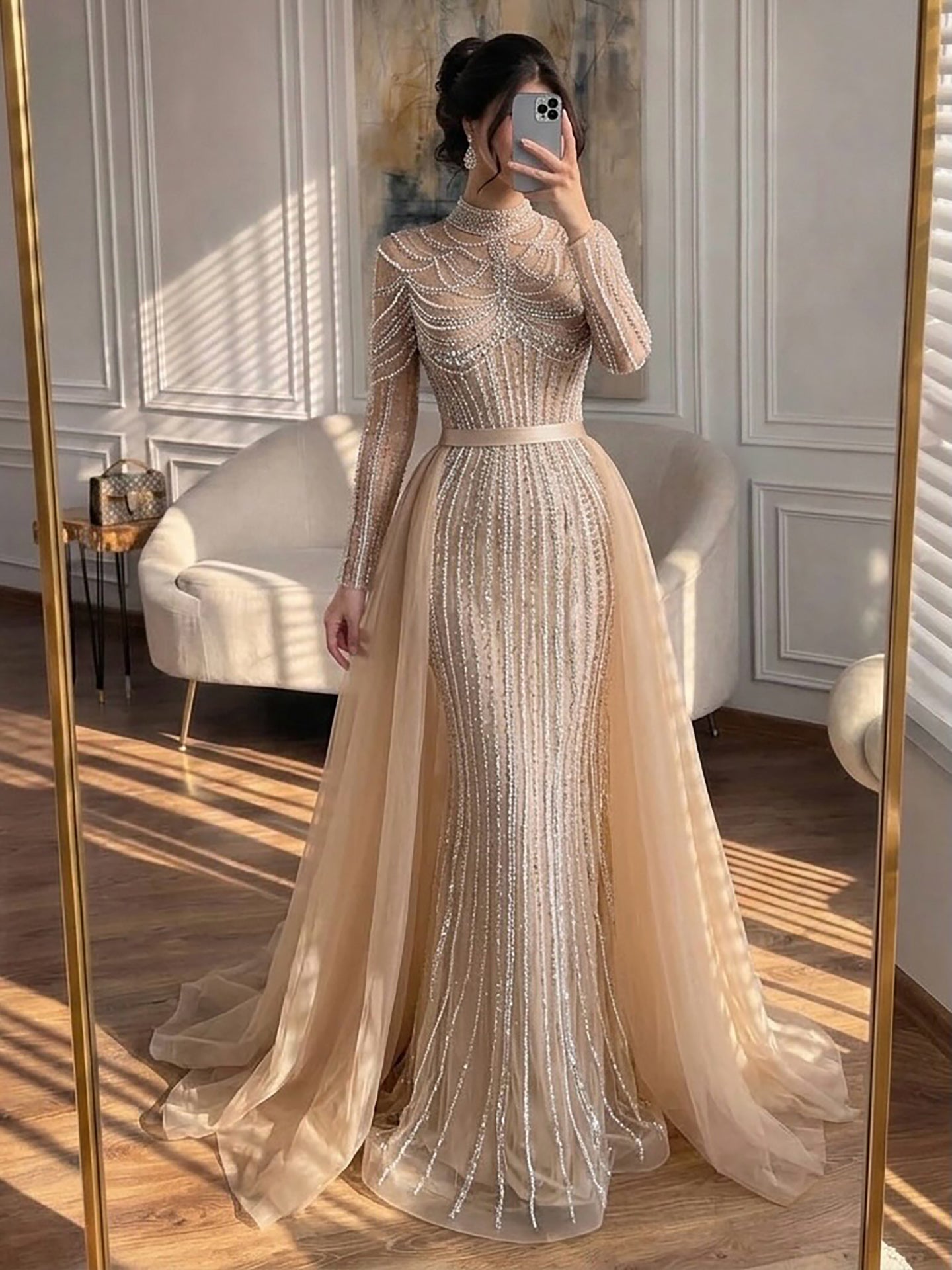 Luxury Nude High Neck Beaded Mermaid Evening Dress with Overskirt CLA73391A