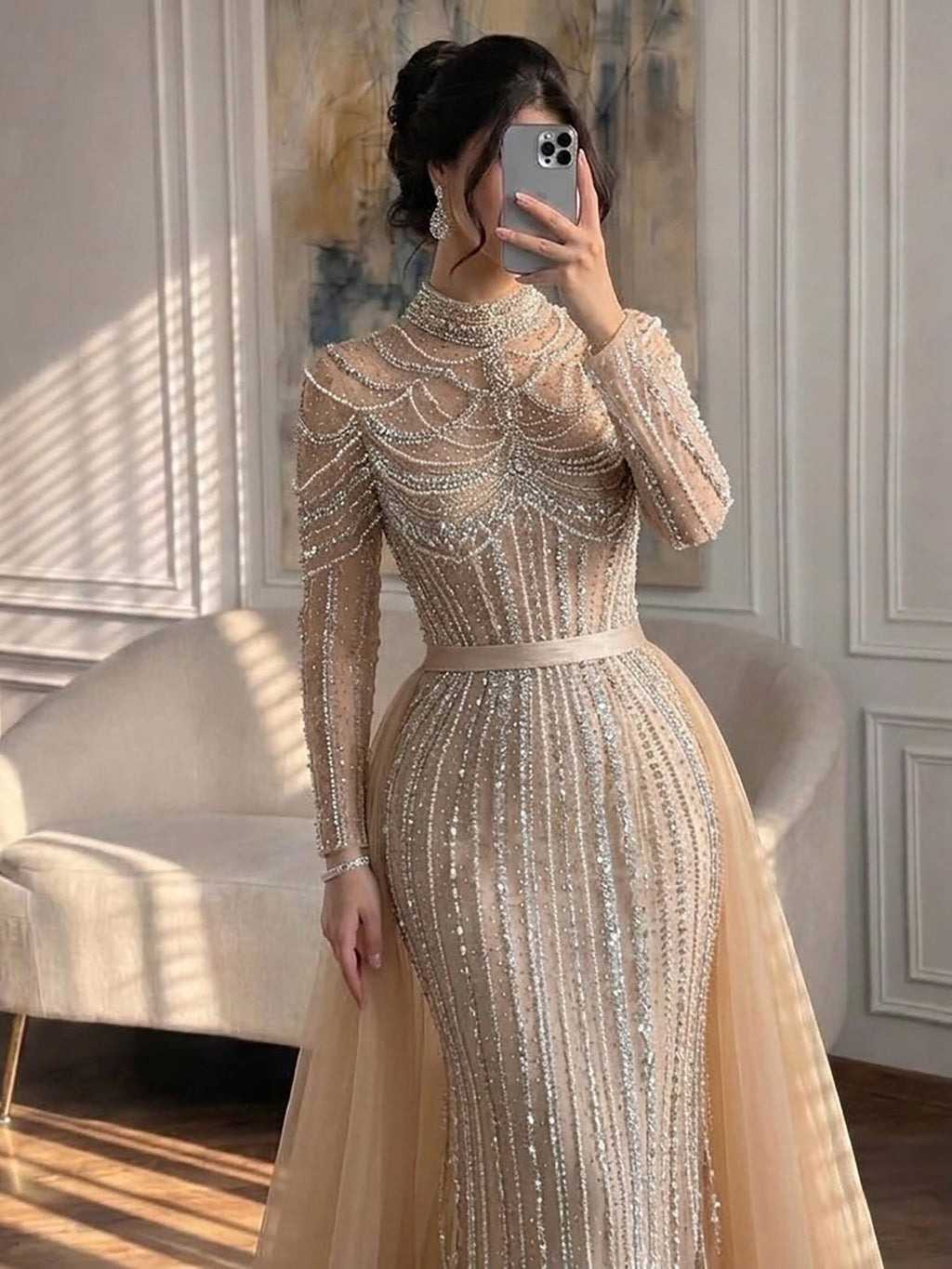 Luxury Nude High Neck Beaded Mermaid Evening Dress with Overskirt CLA73391A