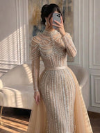 Luxury Nude High Neck Beaded Mermaid Evening Dress with Overskirt CLA73391A