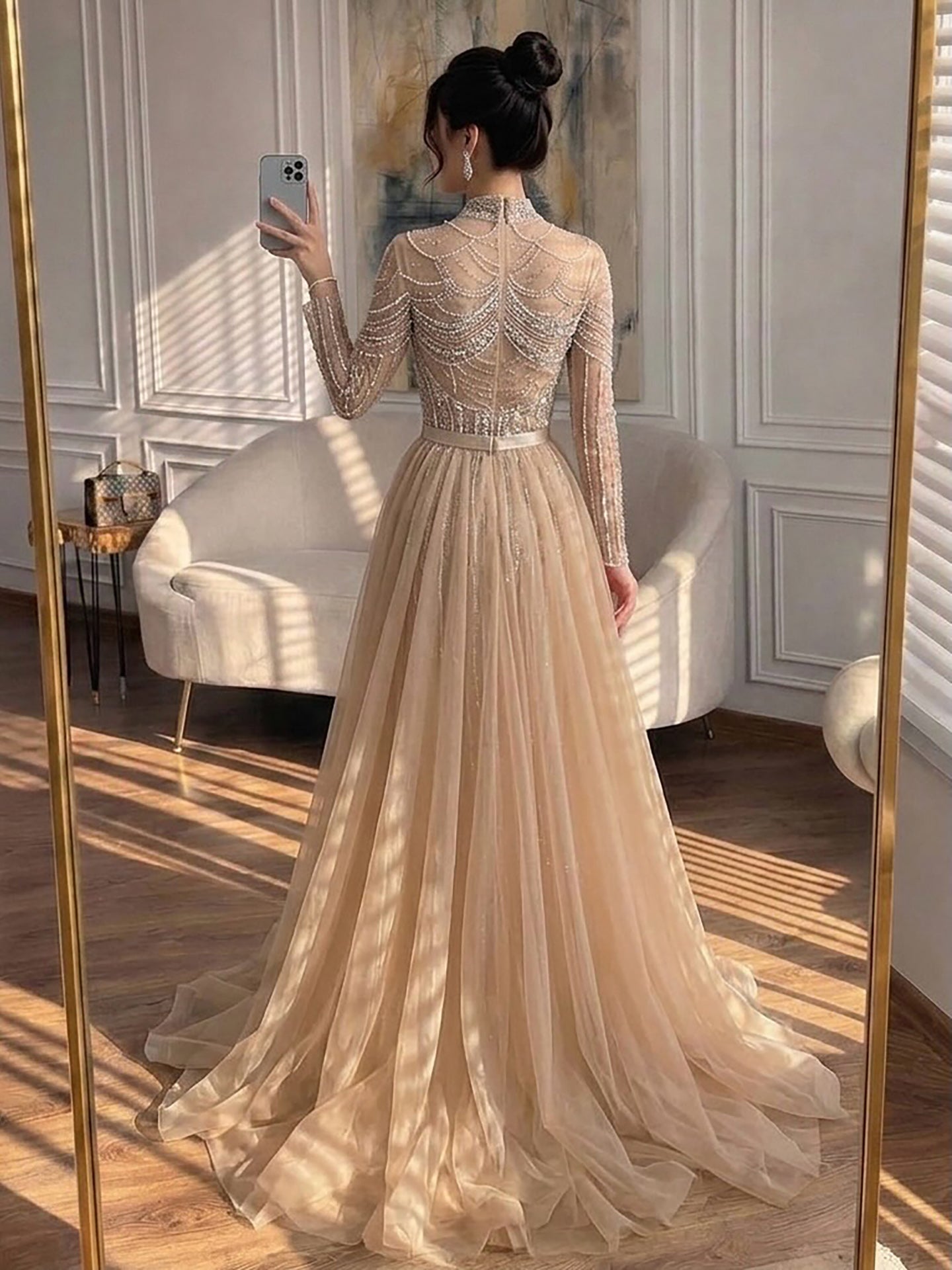 Luxury Nude High Neck Beaded Mermaid Evening Dress with Overskirt CLA73391A