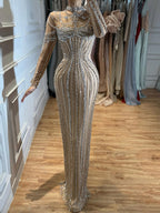 Luxury Nude Crystal Beaded Long Sleeves Mermaid Dress LA73391B