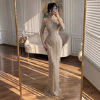 Luxury Nude Crystal Beaded Long Sleeves Mermaid Dress LA73391B