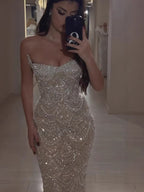 Luxury Nude Pearl Beaded Mermaid Evening Dress LA73395