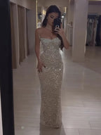 Luxury Nude Pearl Beaded Mermaid Evening Dress LA73395