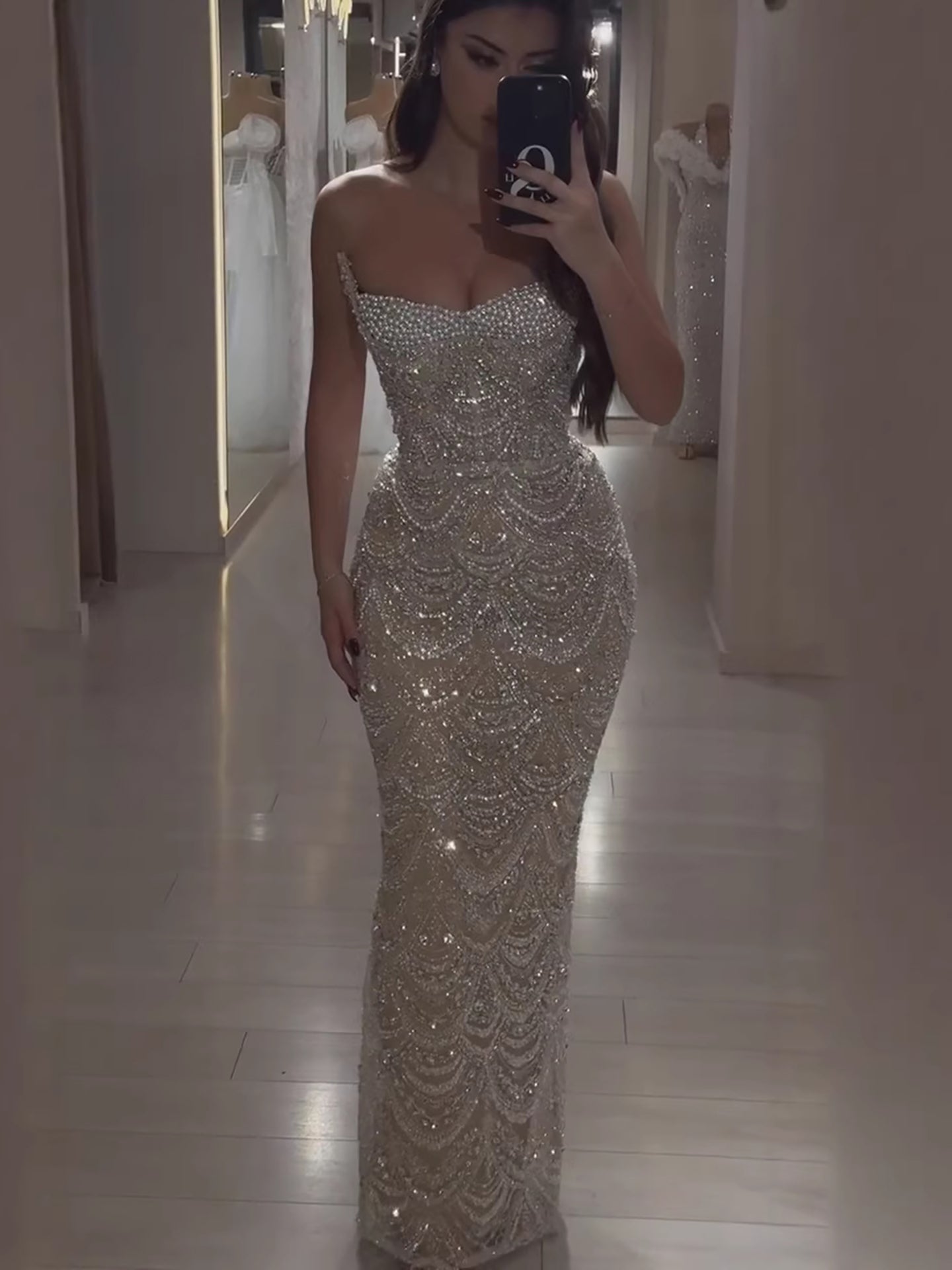 Luxury Nude Pearl Beaded Mermaid Evening Dress LA73395