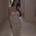 Luxury Nude Pearl Beaded Mermaid Evening Dress LA73395
