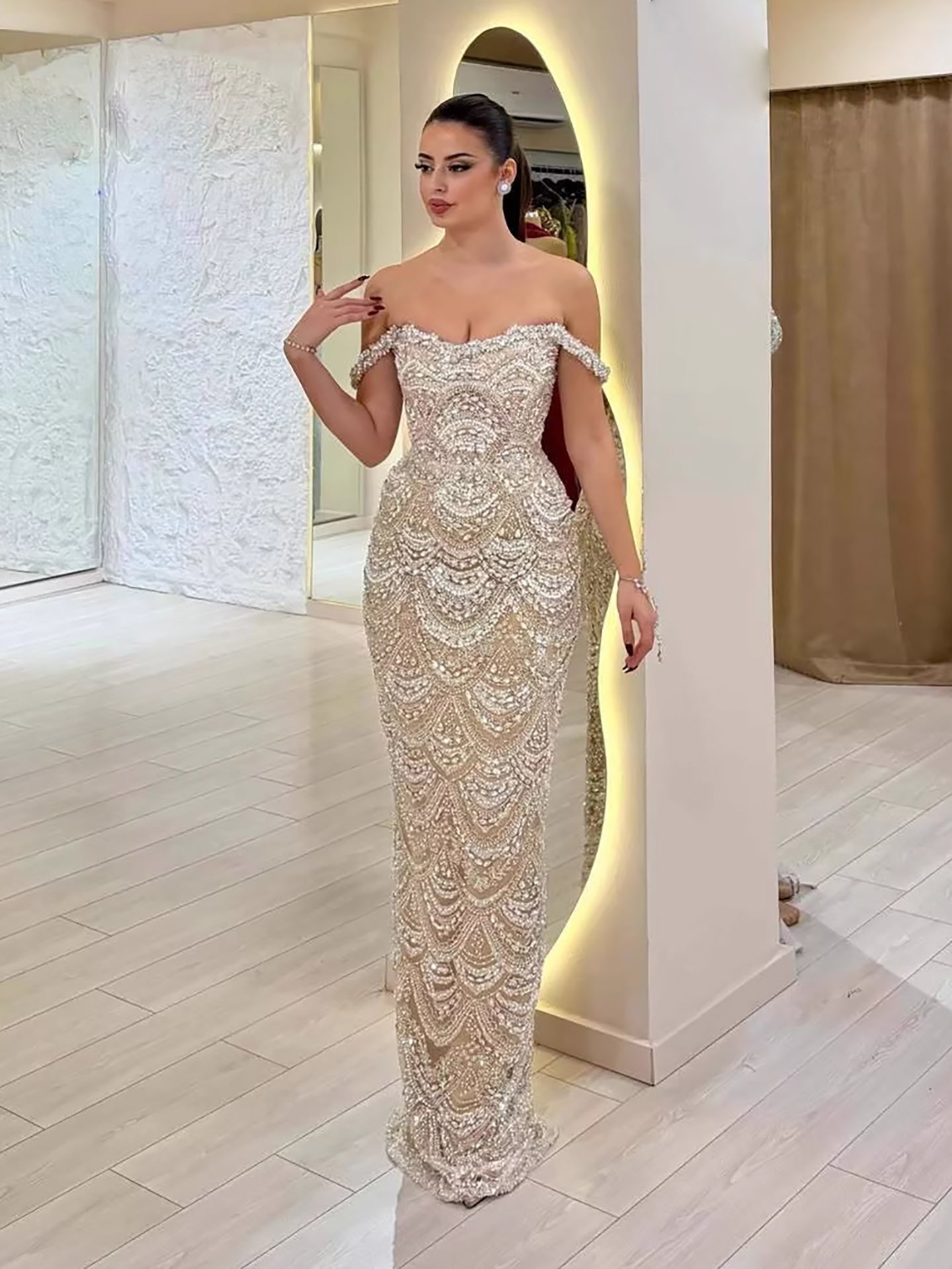 Luxury Nude Pearl Beaded Mermaid Off Shoulder Evening Dress LA73395A