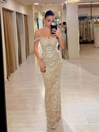 Luxury Nude Pearl Beaded Mermaid Off Shoulder Evening Dress LA73395A