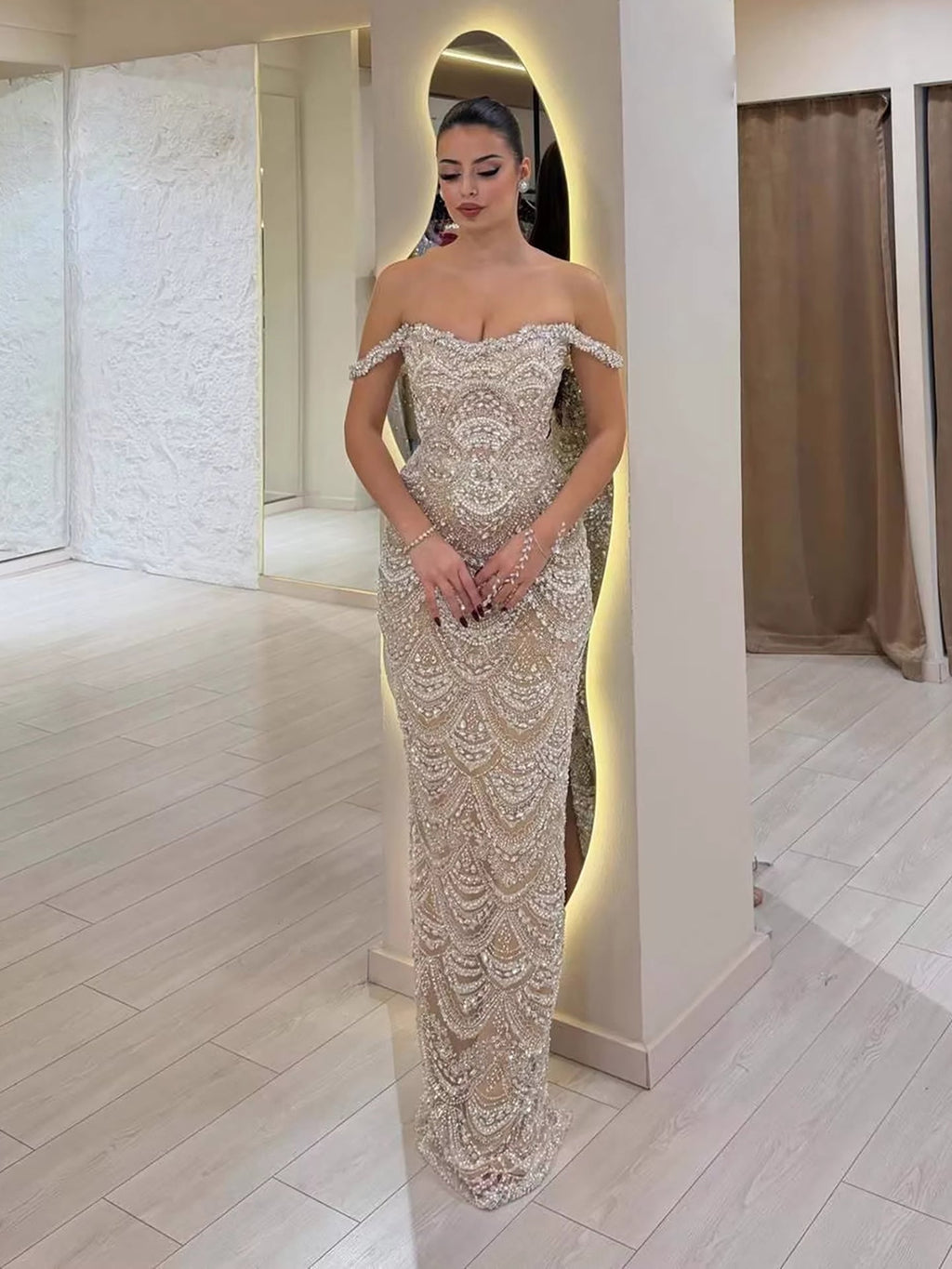 Luxury Nude Pearl Beaded Mermaid Off Shoulder Evening Dress LA73395A