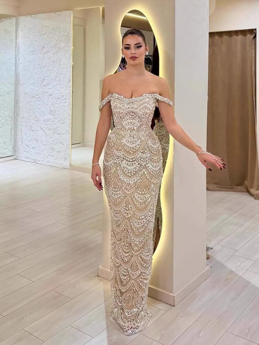 Luxury Nude Pearl Beaded Mermaid Off Shoulder Evening Dress LA73395A