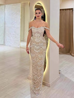 Luxury Nude Pearl Beaded Mermaid Off Shoulder Evening Dress LA73395A