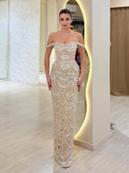 Luxury Nude Pearl Beaded Mermaid Off Shoulder Evening Dress LA73395A