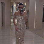 Luxury Nude Pearl Beaded Mermaid Off Shoulder Evening Dress LA73395A