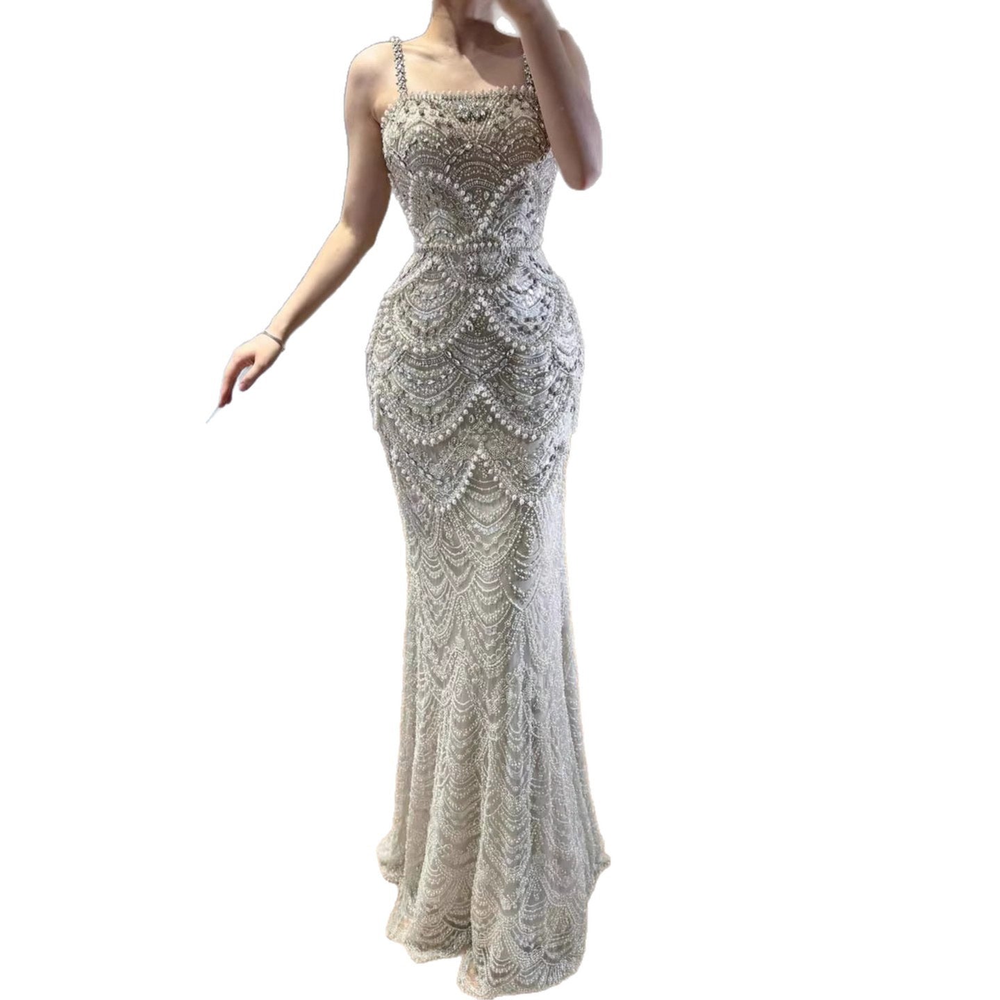 Luxury Nude Pearls Beaded Mermaid Evening Dress CLA73395B
