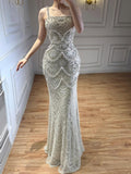 Luxury Nude Pearls Beaded Mermaid Evening Dress CLA73395B