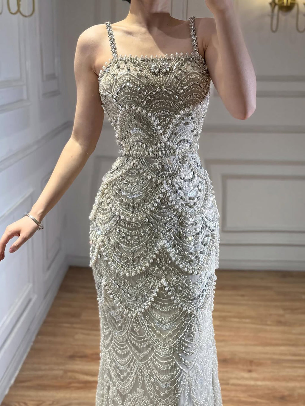Luxury Nude Pearls Beaded Mermaid Evening Dress CLA73395B