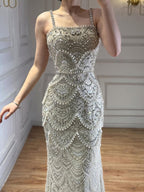 Luxury Nude Pearls Beaded Mermaid Evening Dress CLA73395B