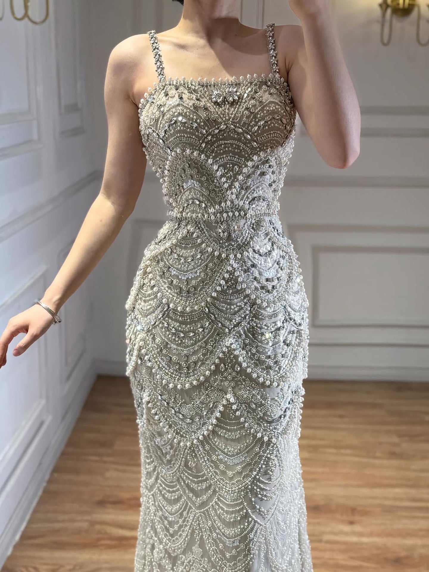 Luxury Nude Pearls Beaded Mermaid Evening Dress CLA73395B