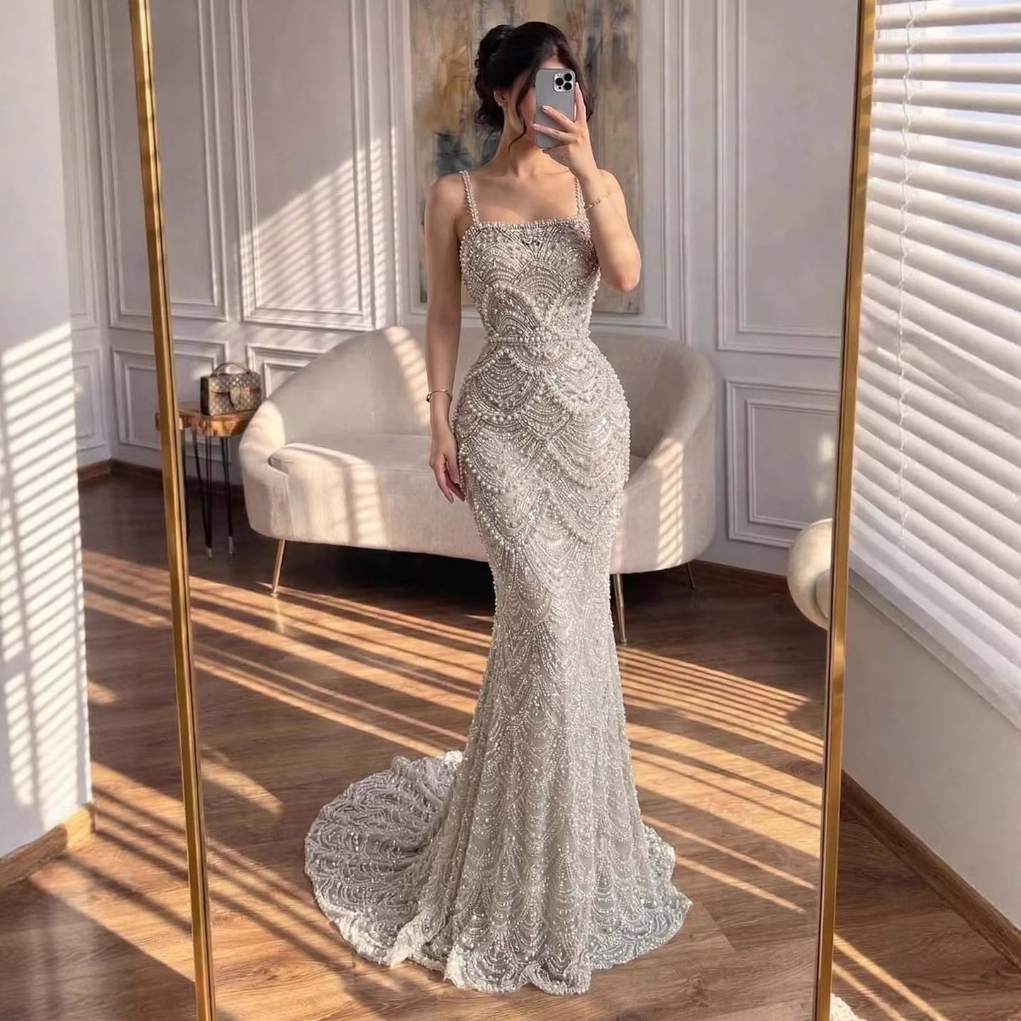 Luxury Nude Pearls Beaded Mermaid Evening Dress CLA73395B