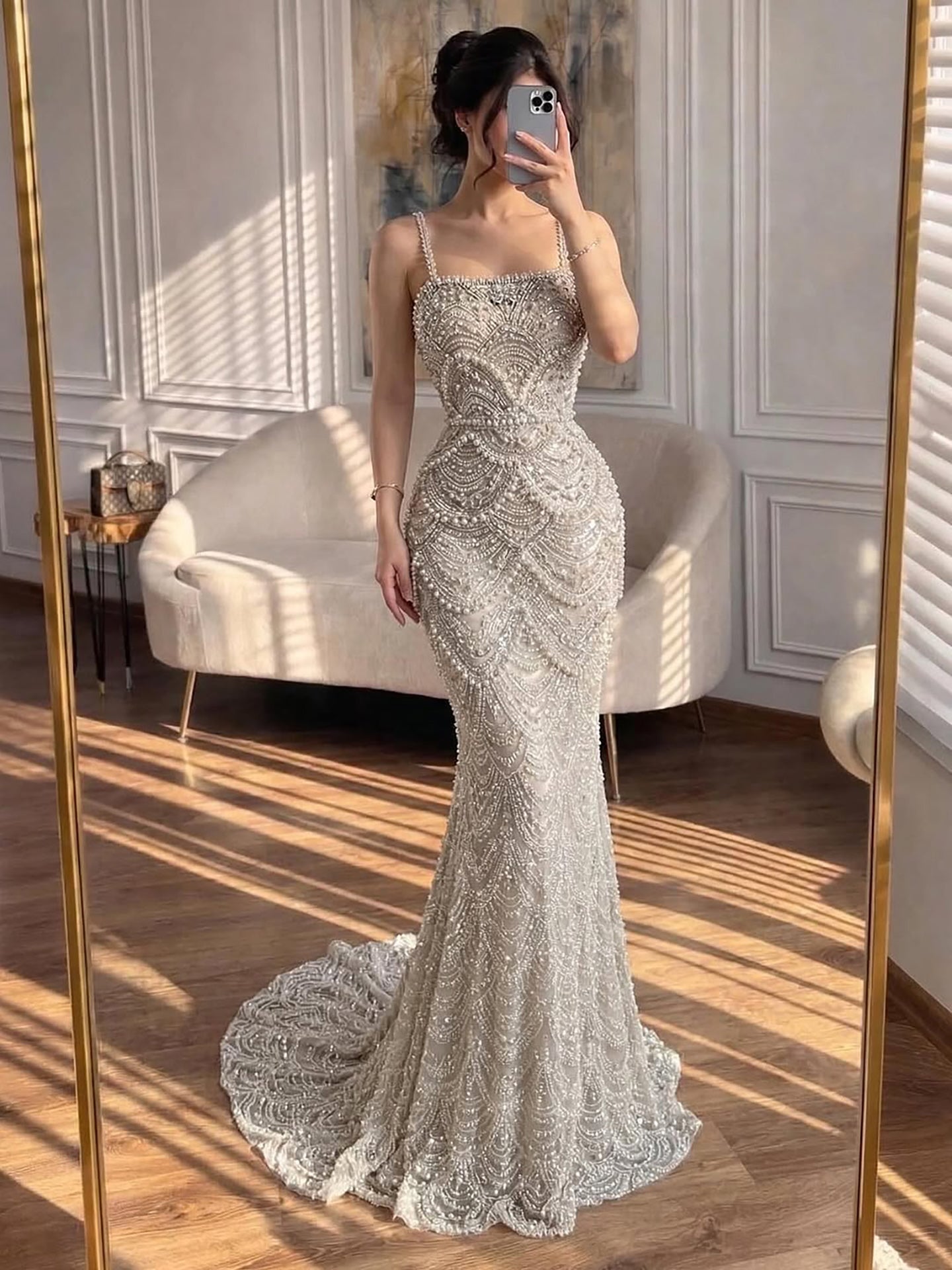 Luxury Nude Pearls Beaded Mermaid Evening Dress CLA73395B